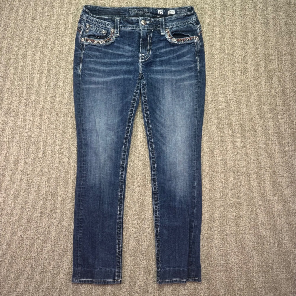 Miss Me Jeans Women 29 Signature Straight Leg Embellished Rhinestone Pockets EUC